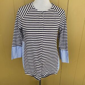 Foxcroft NYC women M snap front stripe shirt jacket w/pocket black white blue